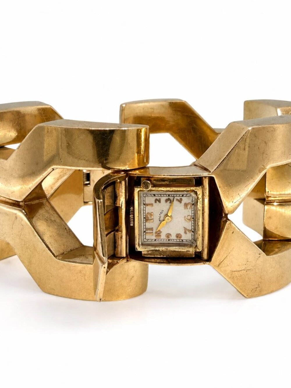 Vintage 14K Yellow Gold Wide Link Bracelet Schiaparelli Hamilton Hidden Watch